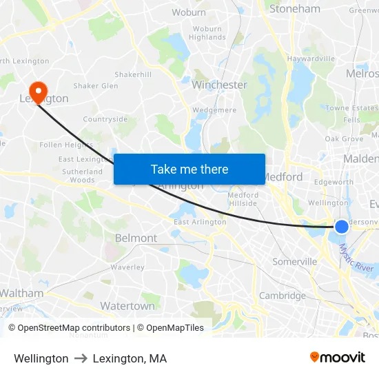 Wellington to Lexington, MA map