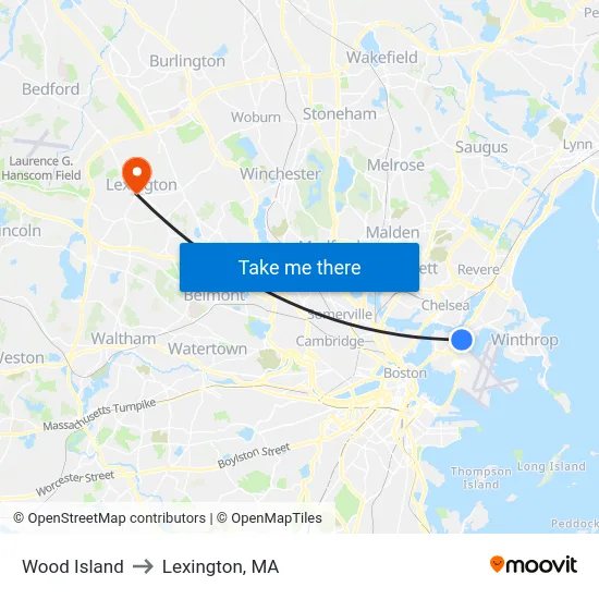 Wood Island to Lexington, MA map