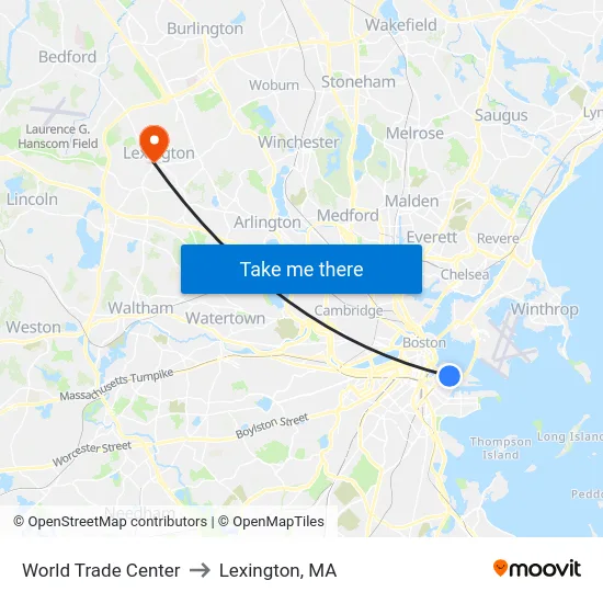 World Trade Center to Lexington, MA map