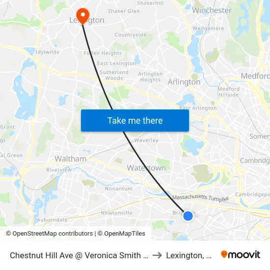 Chestnut Hill Ave @ Veronica Smith Ctr to Lexington, MA map