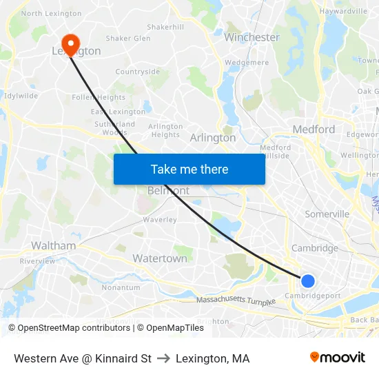 Western Ave @ Kinnaird St to Lexington, MA map