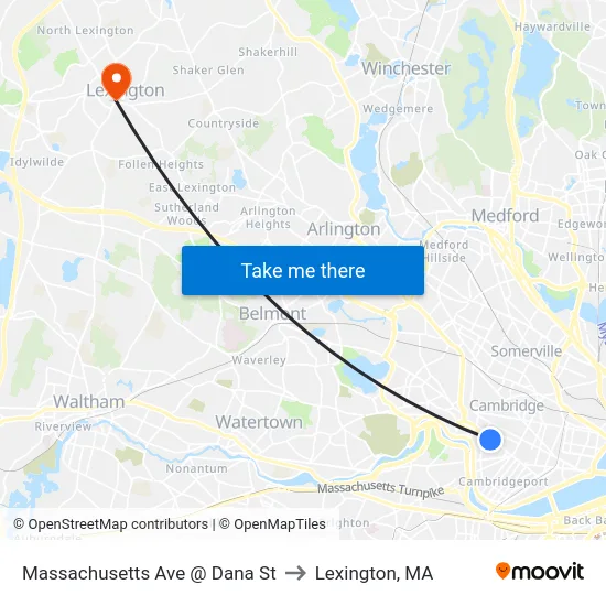 Massachusetts Ave @ Dana St to Lexington, MA map