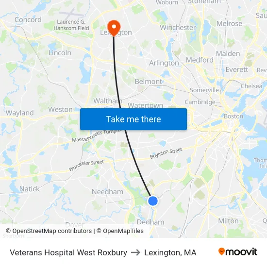 Veterans Hospital West Roxbury to Lexington, MA map