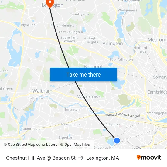 Chestnut Hill Ave @ Beacon St to Lexington, MA map