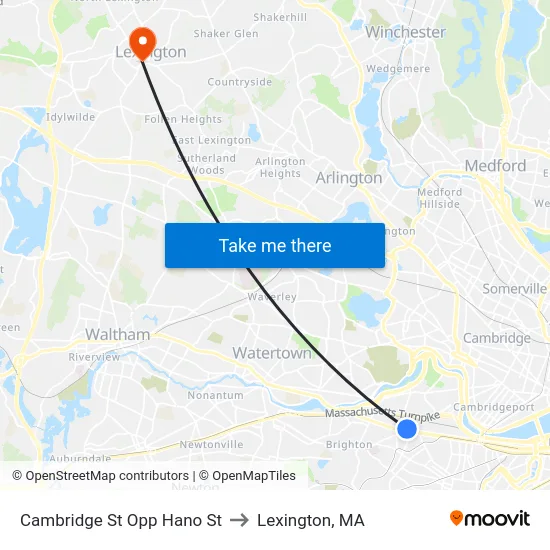 Cambridge St Opp Hano St to Lexington, MA map