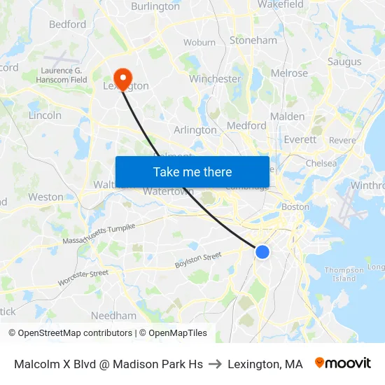 Malcolm X Blvd @ Madison Park Hs to Lexington, MA map