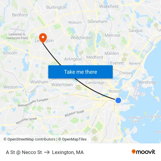 A St @ Necco St to Lexington, MA map
