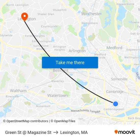 Green St @ Magazine St to Lexington, MA map