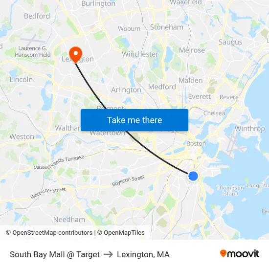 South Bay Mall @ Target to Lexington, MA map