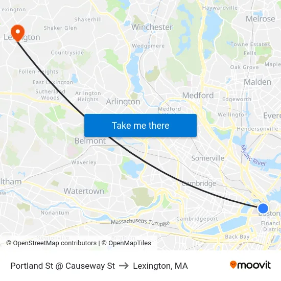 Portland St @ Causeway St to Lexington, MA map