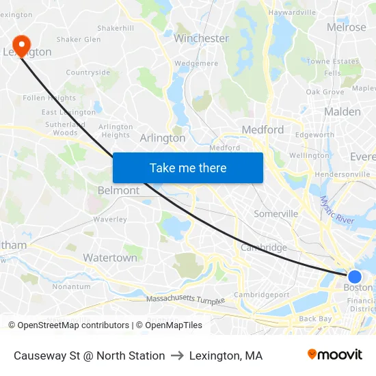 Causeway St @ North Station to Lexington, MA map