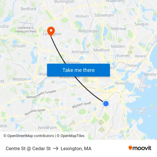 Centre St @ Cedar St to Lexington, MA map