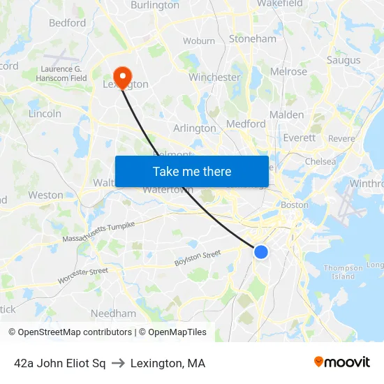 42a John Eliot Sq to Lexington, MA map
