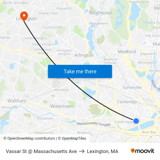 Vassar St @ Massachusetts Ave to Lexington, MA map