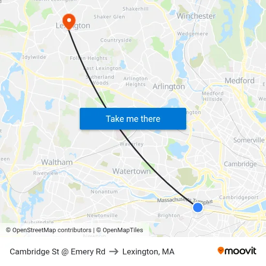 Cambridge St @ Emery Rd to Lexington, MA map