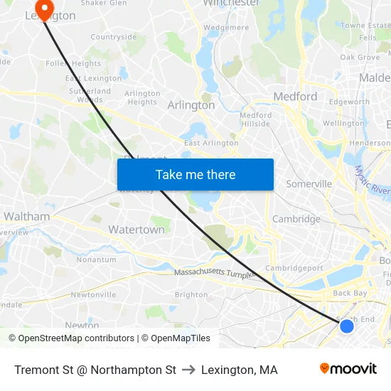 Tremont St @ Northampton St to Lexington, MA map