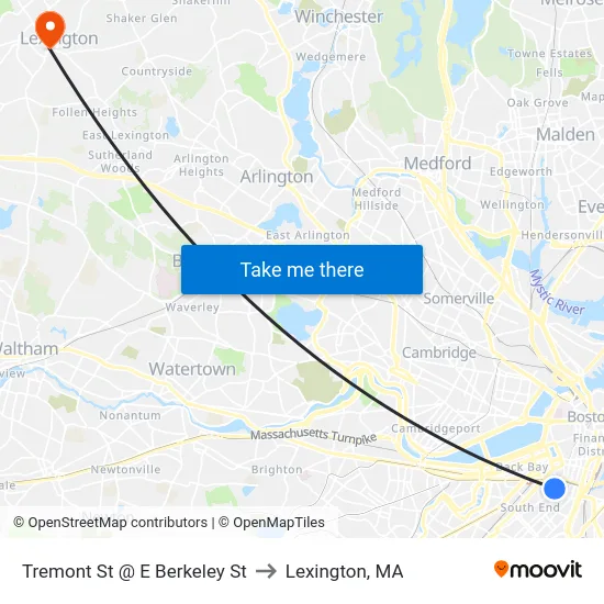 Tremont St @ E Berkeley St to Lexington, MA map
