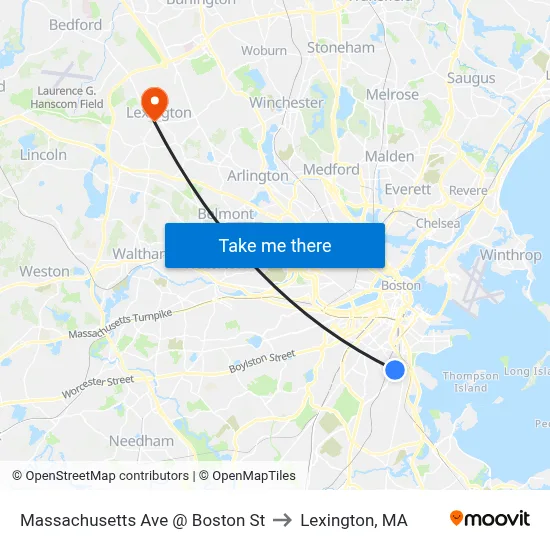 Massachusetts Ave @ Boston St to Lexington, MA map