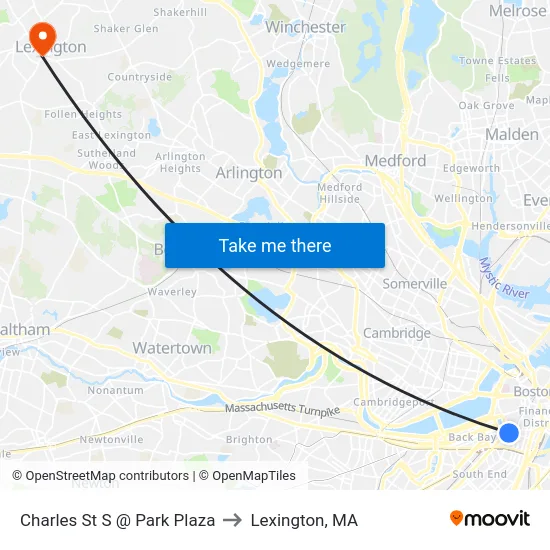 Charles St S @ Park Plaza to Lexington, MA map