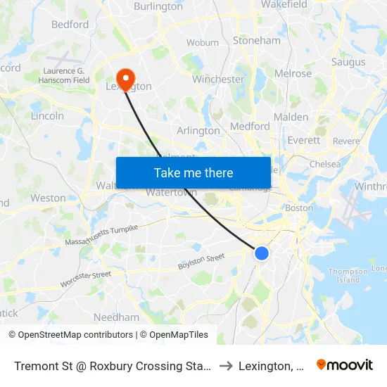 Tremont St @ Roxbury Crossing Station to Lexington, MA map