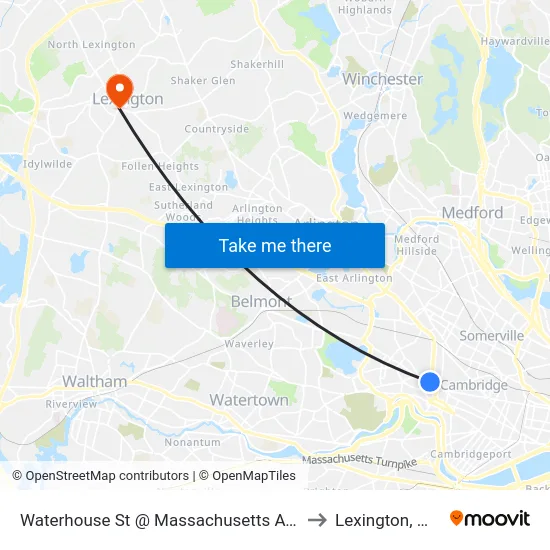 Waterhouse St @ Massachusetts Ave to Lexington, MA map
