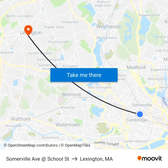 Somerville Ave @ School St to Lexington, MA map