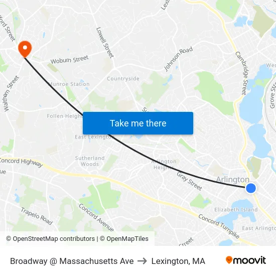 Broadway @ Massachusetts Ave to Lexington, MA map