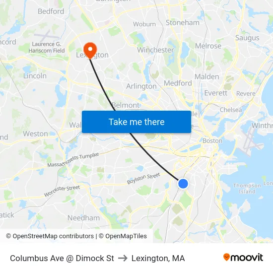 Columbus Ave @ Dimock St to Lexington, MA map