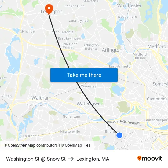 Washington St @ Snow St to Lexington, MA map