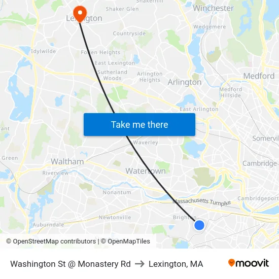 Washington St @ Monastery Rd to Lexington, MA map
