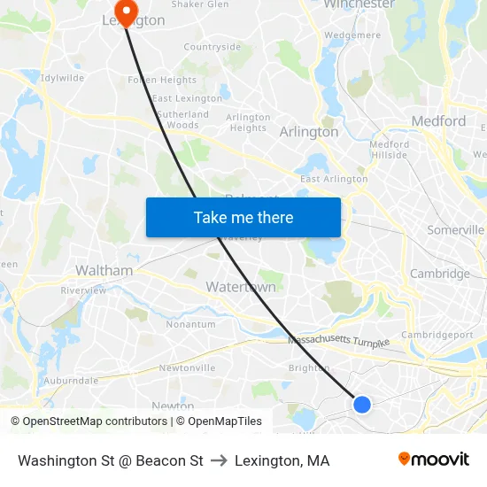 Washington St @ Beacon St to Lexington, MA map