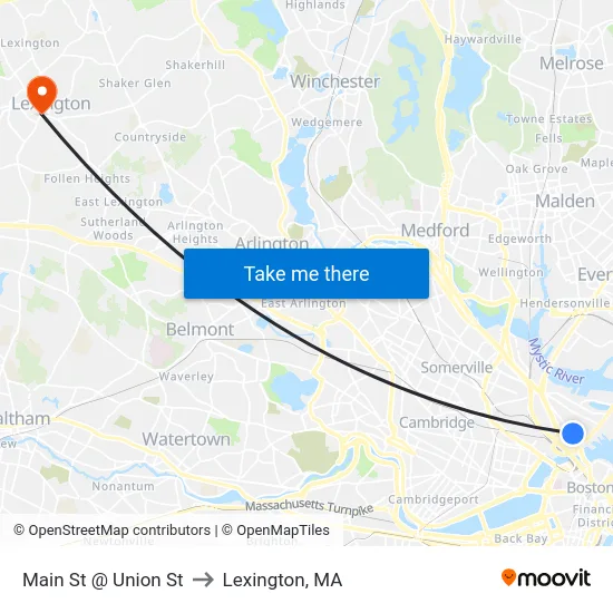 Main St @ Union St to Lexington, MA map