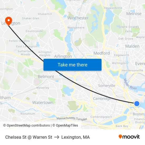 Chelsea St @ Warren St to Lexington, MA map