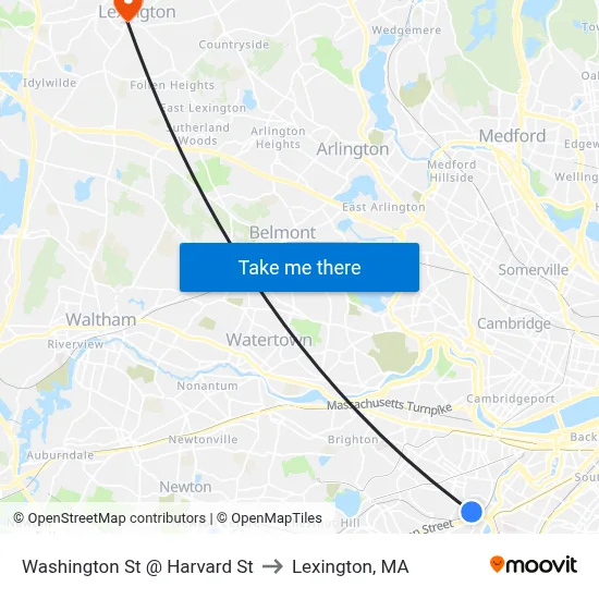 Washington St @ Harvard St to Lexington, MA map