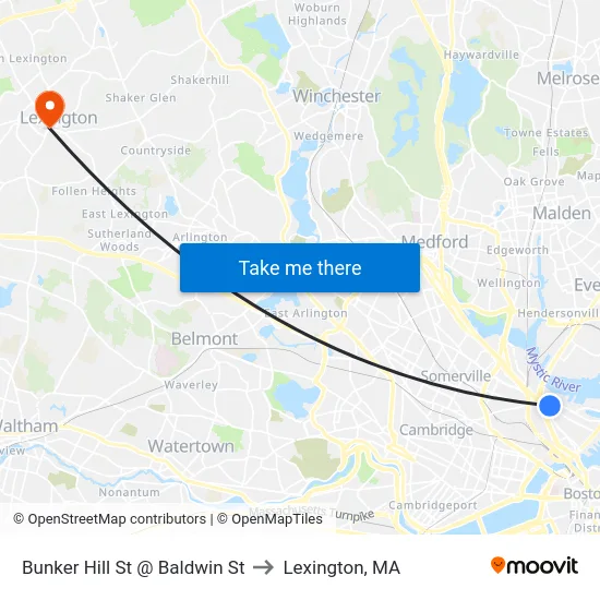 Bunker Hill St @ Baldwin St to Lexington, MA map