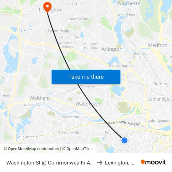 Washington St @ Commonwealth Ave to Lexington, MA map