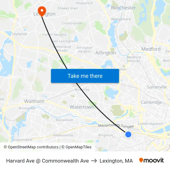 Harvard Ave @ Commonwealth Ave to Lexington, MA map