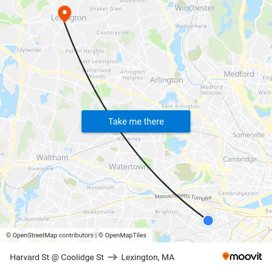 Harvard St @ Coolidge St to Lexington, MA map