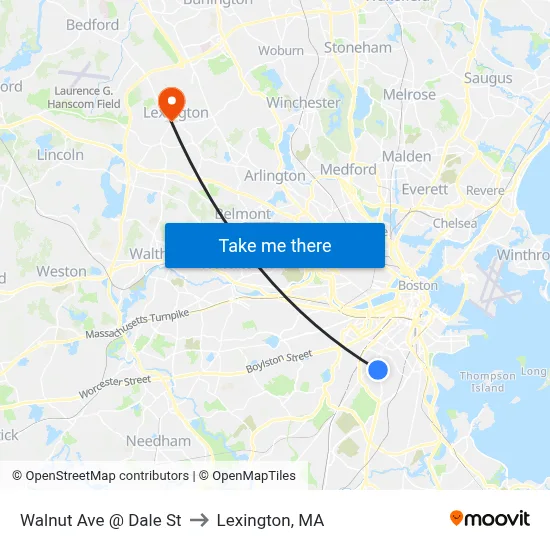 Walnut Ave @ Dale St to Lexington, MA map