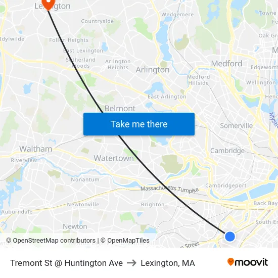 Tremont St @ Huntington Ave to Lexington, MA map