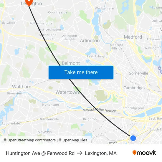 Huntington Ave @ Fenwood Rd to Lexington, MA map