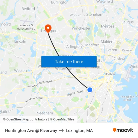 Huntington Ave @ Riverway to Lexington, MA map