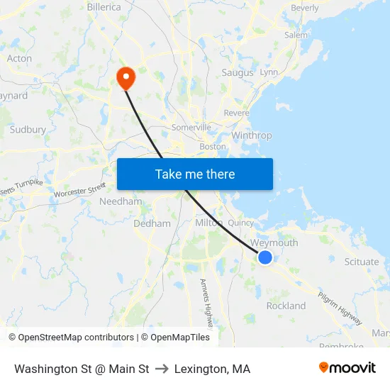Washington St @ Main St to Lexington, MA map
