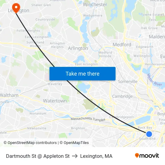 Dartmouth St @ Appleton St to Lexington, MA map