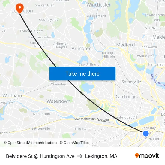 Belvidere St @ Huntington Ave to Lexington, MA map