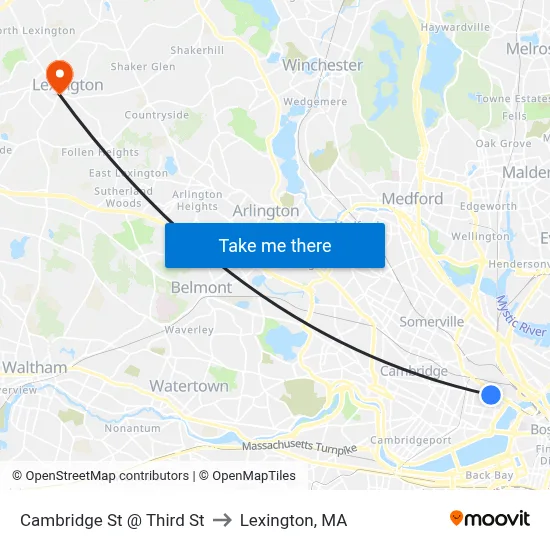 Cambridge St @ Third St to Lexington, MA map