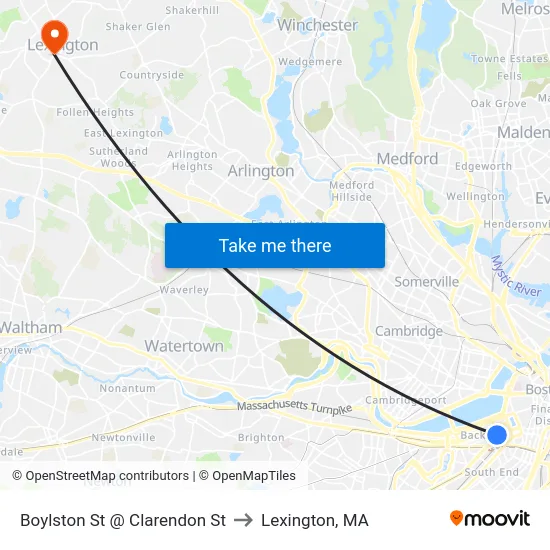 Boylston St @ Clarendon St to Lexington, MA map