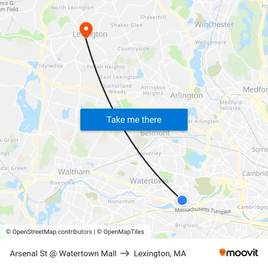 Arsenal St @ Watertown Mall to Lexington, MA map