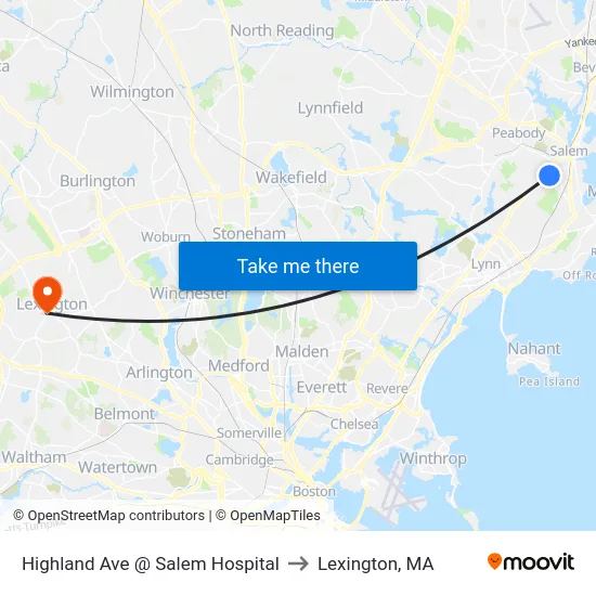 Highland Ave @ Salem Hospital to Lexington, MA map