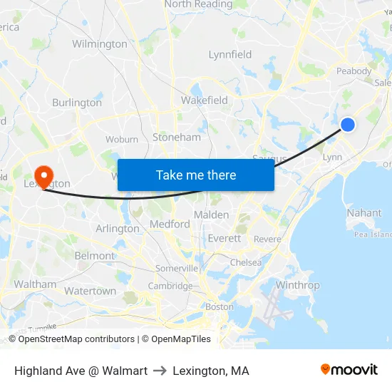 Highland Ave @ Walmart to Lexington, MA map